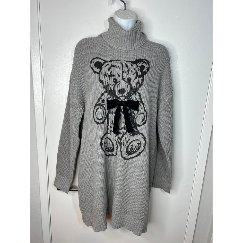 Teddy Fresh Women's Turtleneck Sweater Dress Black Bear Velvet Bow Grey Size S/M